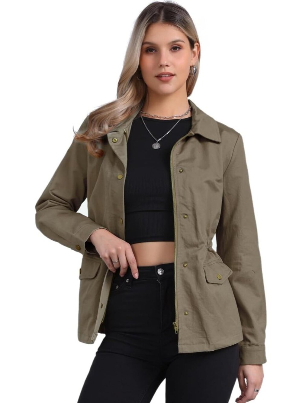 Womens Coffee Zip Up Snap Buttons Drawstring Waist Pockets Anorak Utility Jacket